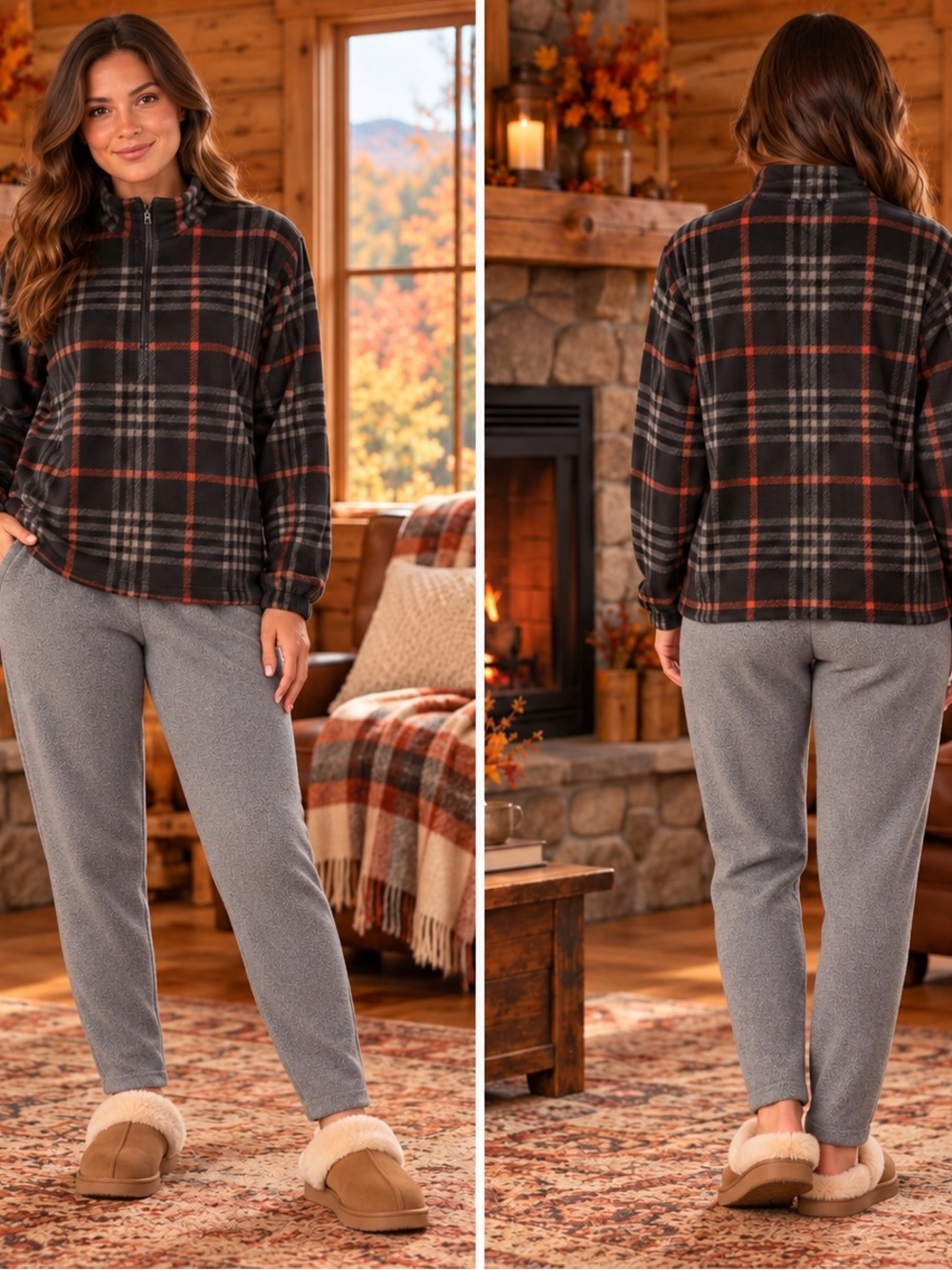 Cuddl Duds Gray Fleece Joggers And Plaid Fleece Pullover Set